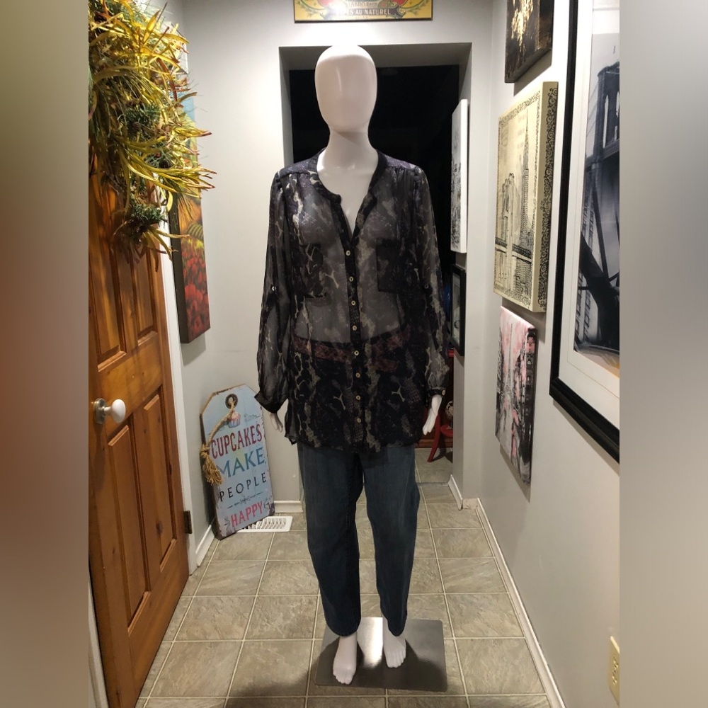 Sheer Snake-Print Button Front Blouse - Black & Purple
Black Rainn
Size 1X